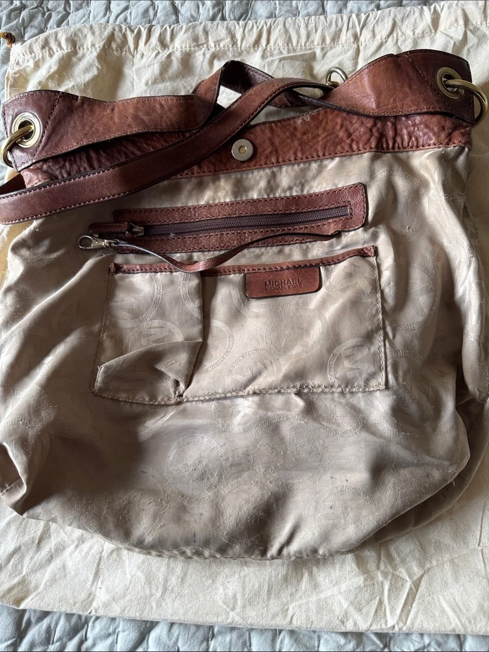 Michael Kors Suede Stud-Accent Shoulder Bag in Taupe and Brown